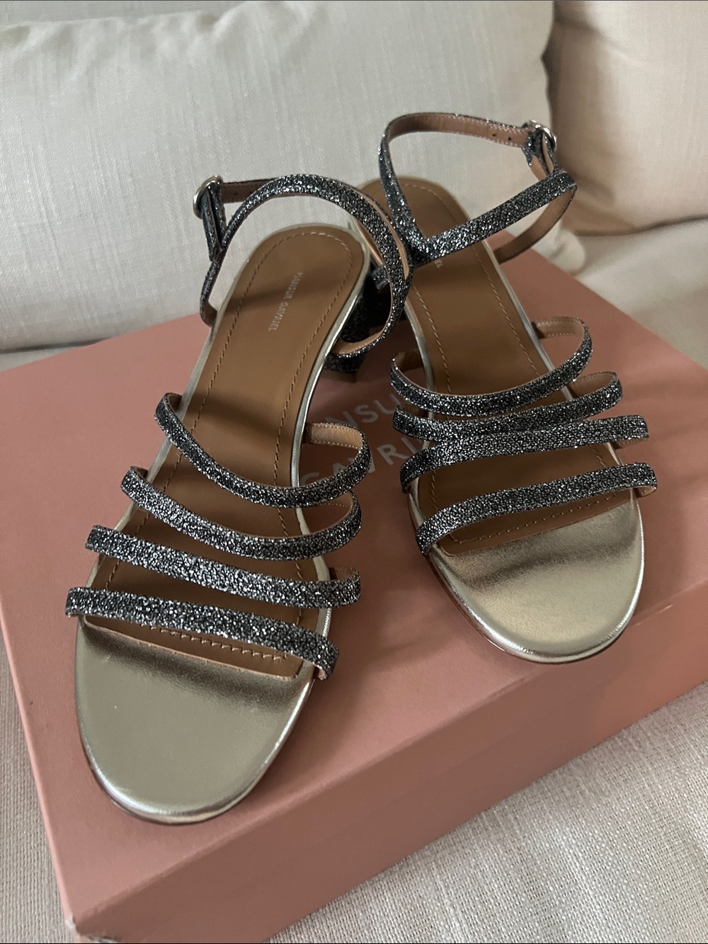MANSUR GAVRIEL silver glitter multi strap sandal. Size 8/38 NEW